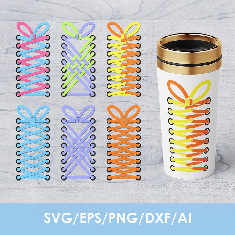 May include: Six different ways to lace shoelaces, illustrated with colorful shoelace designs. The designs are shown on a white background. The designs are also shown on a white travel mug.