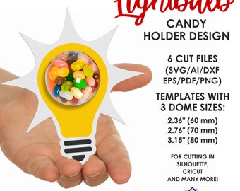 May include: A yellow lightbulb shaped candy holder with a clear dome filled with colorful jelly beans. The holder is designed for cutting with Silhouette, Cricut, and other cutting machines. It comes in three sizes: 2.36 inches (60 mm), 2.76 inches (70 mm), and 3.15 inches (80 mm).