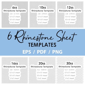May include: Six rhinestone sheet templates for different sizes of rhinestones. The templates show the layout of rhinestones on 12x12 inch, 10x10 inch, and 5x5 inch sheets. The sizes of rhinestones are 6ss, 10ss, 12ss, 16ss, 20ss, and 30ss.