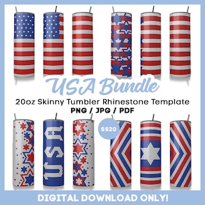 May include: A set of 20 ounce skinny tumbler designs featuring red, white, and blue patriotic patterns. The designs include stars, stripes, and geometric shapes. The designs are perfect for creating custom tumblers for the 4th of July or other patriotic holidays.