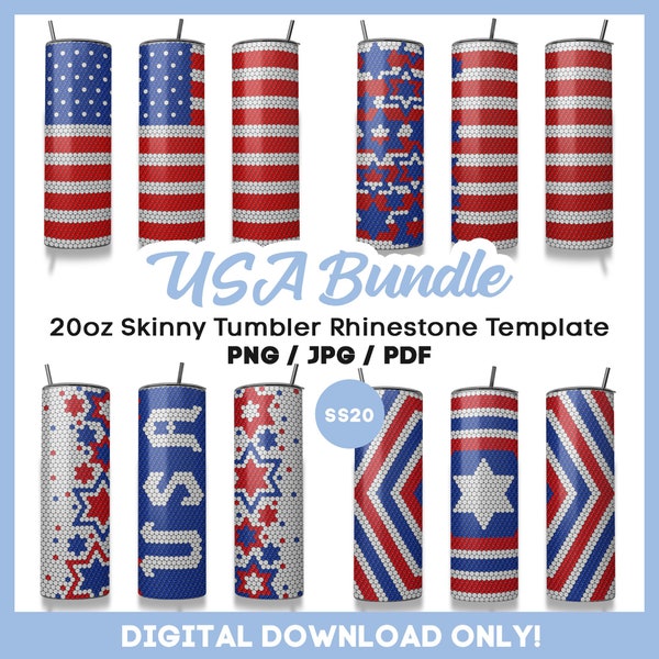 4th of July, SS20 Rhinestone guide, BUNDLE, patriotic, 20oz Tumbler Template, USA Flag, honeycomb pattern, pdf, png, instant download