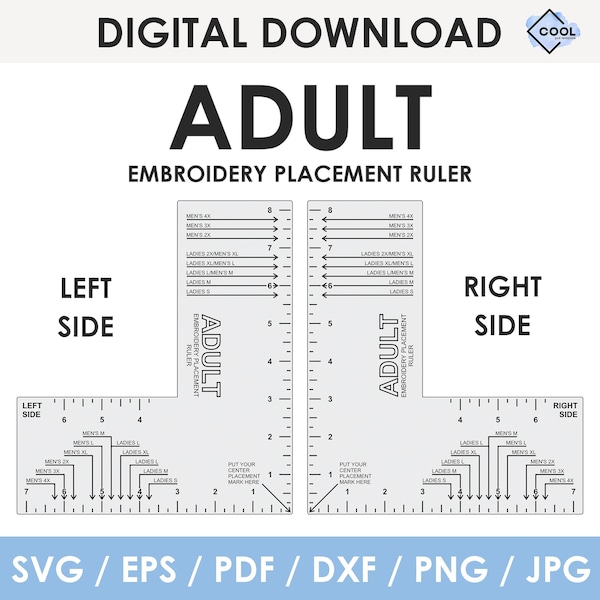 machine embroidery logo placement guides, Adult Size, Embroidery placement ruler, Left side and Right side, printable, INSTANT DOWNLOAD