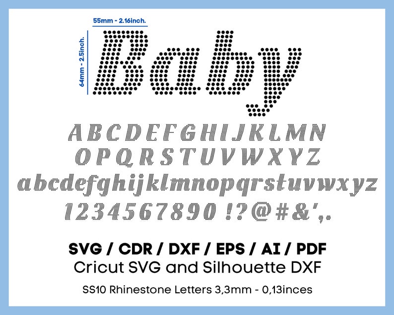 K&ouml;nnte beinhalten: Schwarz-wei&szlig;es Strass-Schriftalphabet mit dem Wort "Baby" oben. Die Schrift umfasst Gro&szlig;- und Kleinbuchstaben, Zahlen und Satzzeichen. Die Schrift ist f&uuml;r die Verwendung mit 3,3 mm Strasssteinen konzipiert. Das Bild enth&auml;lt den Text "SVG/CDR/DXF/EPS/AI/PDF Cricut SVG and Silhouette DXF SS10 Rhinestone Letters 3,3mm - 0,13inces".
