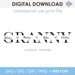 May include: A black and white graphic design of the word "GRAND" with the option to customize each letter with a name. The names "Dorian", "Ainsley", "Billie", and "Charley" are shown as examples.