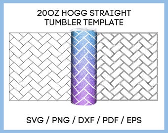 May include: A 20oz HOGG straight tumbler template with a blue, purple, and white glitter gradient design. The design is flanked by two black and white herringbone pattern templates. Text at the top reads "20OZ HOGG STRAIGHT TUMBLER TEMPLATE". The bottom text reads "SVG / PNG / DXF / PDF / EPS".