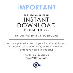 May include: White background with blue text that reads "IMPORTANT" and "INSTANT DOWNLOAD DIGITAL FILE(S)". The text also states that no physical print will be shipped and provides printing options.