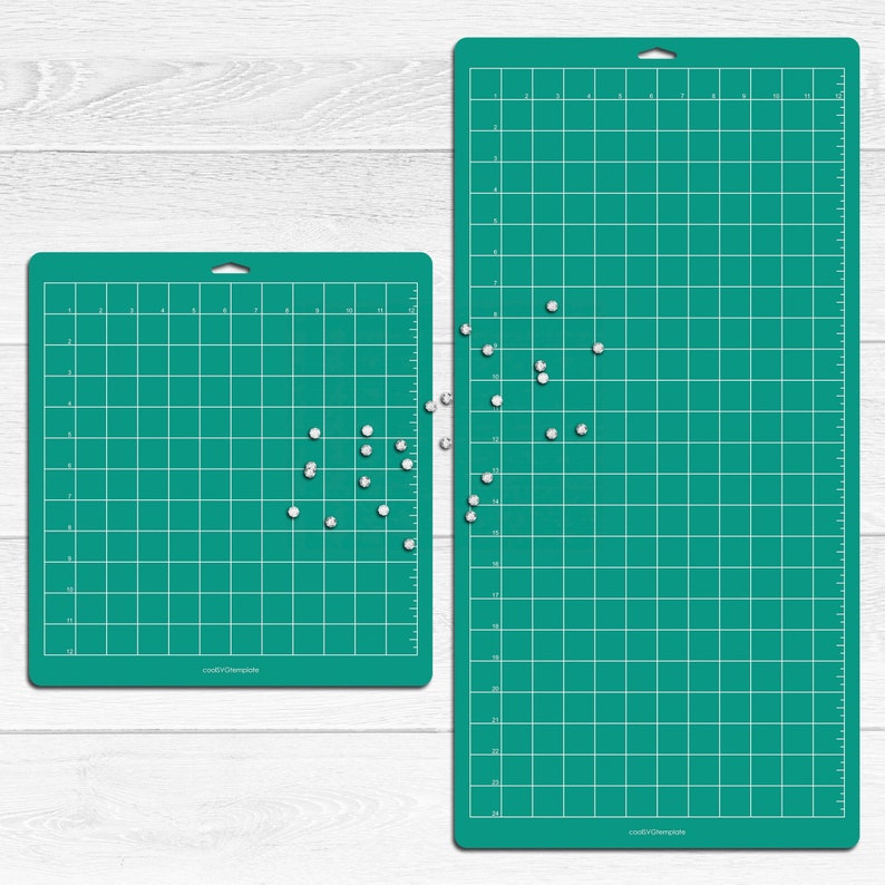 May include: Two green self-healing cutting mats with a grid pattern. The smaller mat is 12 inches by 12 inches and the larger mat is 12 inches by 24 inches. Both mats have white dots scattered on them.