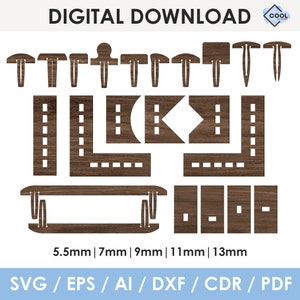 Op de afbeelding: Digitale downloadafbeelding met diverse houten vormen en connectoren. Bevat T-vormige stukken, hoekstukken en rechthoekige elementen. Afmetingen worden in millimeters weergegeven, variërend van 5,5 mm tot 13 mm. Tekst: "DIGITALE DOWNLOAD".