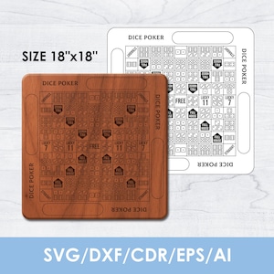 May include: A wooden Dice Poker game board, measuring 45.7 cm x 45.7 cm, with engraved dice patterns and text. The board features spaces for dice combinations and the words "Dice Poker" and "Straight". A second, uncolored board is also shown.