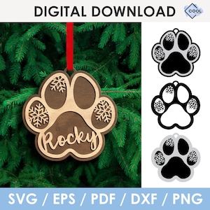 Dog paw print, christmas ornament SVG, personalized, custom dog paw name, Laser Cut File, Glowforge, Cricut, Silhouette, instant download