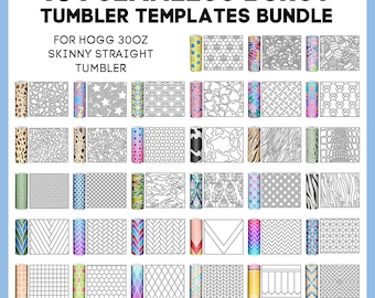 May include: 101 seamless digital templates for 30 oz skinny straight tumblers. The templates feature a variety of geometric, animal print, and abstract designs.