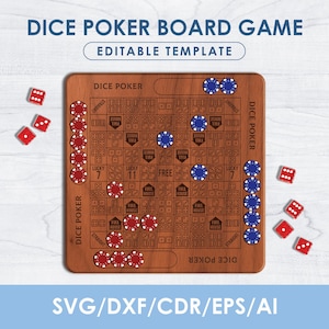 Peut inclure: Un jeu de société Dice Poker en bois avec des dés rouges et des jetons de poker. Le plateau a une disposition en grille avec le texte "Dice Poker Board Game" et "Editable Template". Le jeu comprend des jetons de poker bleus.