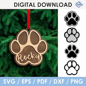 Dog paw ornament svg, with name, christmas ornament SVG, personalized, Laser Cut File, Glowforge, Cricut, Silhouette, instant download