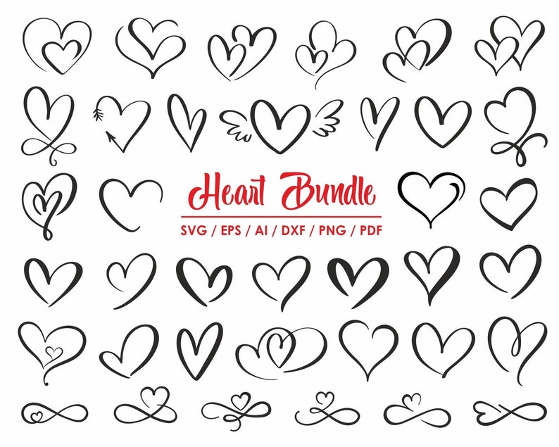 Puede incluir: Un conjunto de 30 ilustraciones de corazones dibujados a mano en tinta negra. Los corazones son de varios estilos, incluyendo corazones simples, dobles e infinitos. El texto "Heart Bundle" y "SVG/EPS/AI/DXF/PNG/PDF" est&aacute; incluido en la imagen.