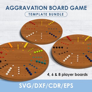 May include: Three wooden Aggravation board game templates with colorful marbles. The boards are circular with holes for marbles and text that reads "AGGRAVATION BOARD GAME TEMPLATE BUNDLE" and "4, 6 & 8 player boards".