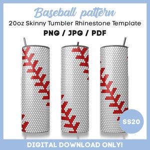 Puede incluir: Una plantilla de descarga digital para un vaso delgado de 20 onzas con un patrón de puntada de béisbol en rojo y blanco. La plantilla está disponible en formatos PNG, JPG y PDF. El texto "SS20" es visible en la esquina inferior derecha de la imagen.
