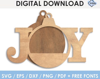 Könnte beinhalten: Ein Holzausschnitt für Weihnachtsschmuck mit dem Wort "JOY". Der Schmuck hat die Form einer Weihnachtskugel mit einem kreisförmigen Ausschnitt in der Mitte. Die Worte "DIGITAL DOWNLOAD" stehen oben. Der untere Teil des Bildes enthält den Text "SVG / EPS / DXF / PNG / PDF + FREE FONTS".