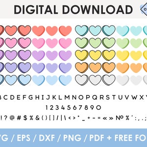 May include: A digital download of 10 different colored heart shapes, each with a white outline. The hearts are arranged in rows of 10. The image also includes the alphabet, numbers, and punctuation marks in a black font. The text "DIGITAL DOWNLOAD" is at the top of the image, and the text "SVG/EPS/DXF/PNG/PDF + FREE FONT" is at the bottom of the image.