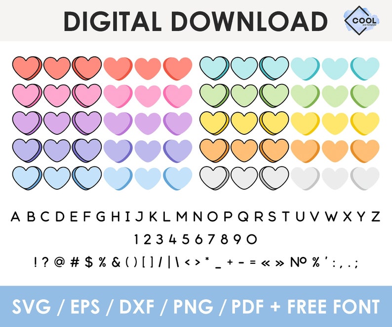 May include: A digital download of 10 different colored heart shapes, each with a white outline. The hearts are arranged in rows of 10. The image also includes the alphabet, numbers, and punctuation marks in a black font. The text "DIGITAL DOWNLOAD" is at the top of the image, and the text "SVG/EPS/DXF/PNG/PDF + FREE FONT" is at the bottom of the image.
