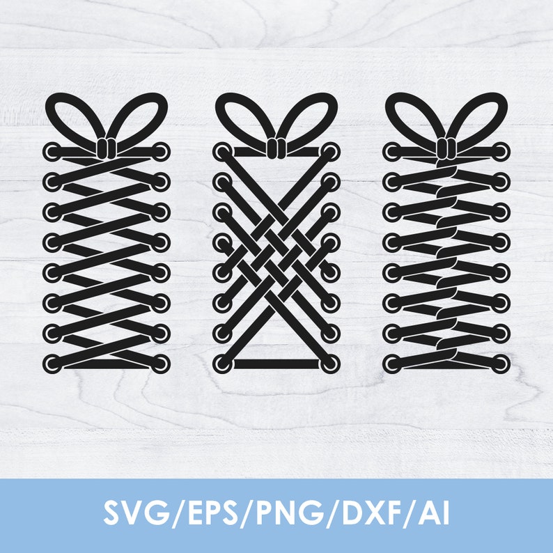May include: Three different ways to lace up a shoe. Each design is shown in black and white. The laces are tied in a bow at the top.
