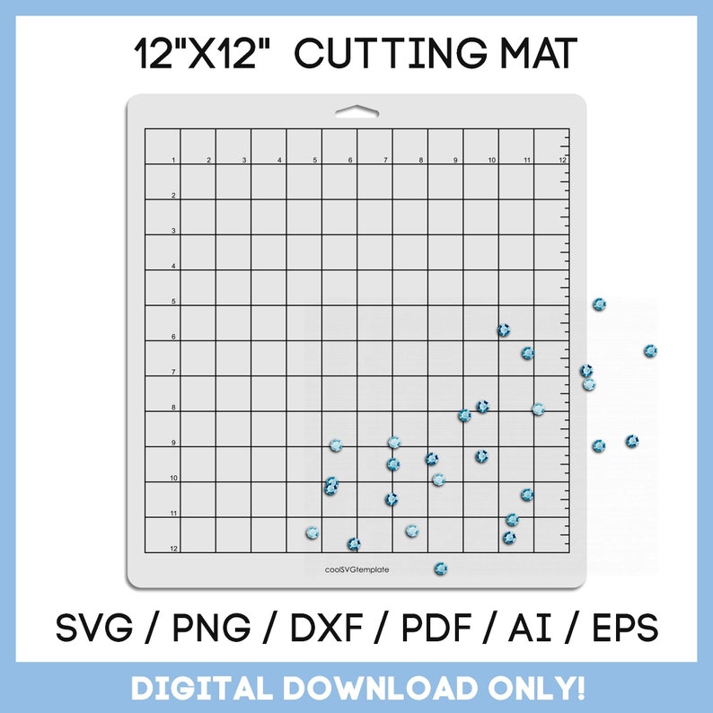 May include: A 12x12 inch cutting mat with a grid pattern and blue gemstones scattered on the surface. The mat is white with black lines and numbers.