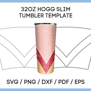 May include: A 32oz Hogg Slim Tumbler Template with a glitter design. The tumbler features a pink glitter top, a red glitter chevron, and a gold glitter bottom. The text "32OZ HOGG SLIM TUMBLER TEMPLATE" is at the top. Below the tumbler are the file types: SVG / PNG / DXF / PDF / EPS.