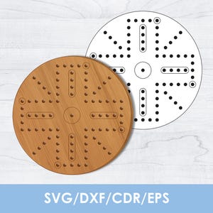 May include: A wooden cribbage board with a circular design, featuring numerous drilled holes for peg placement. A black and white outline of the board is next to it. The text "SVG/DXF/CDR/EPS" is at the bottom.