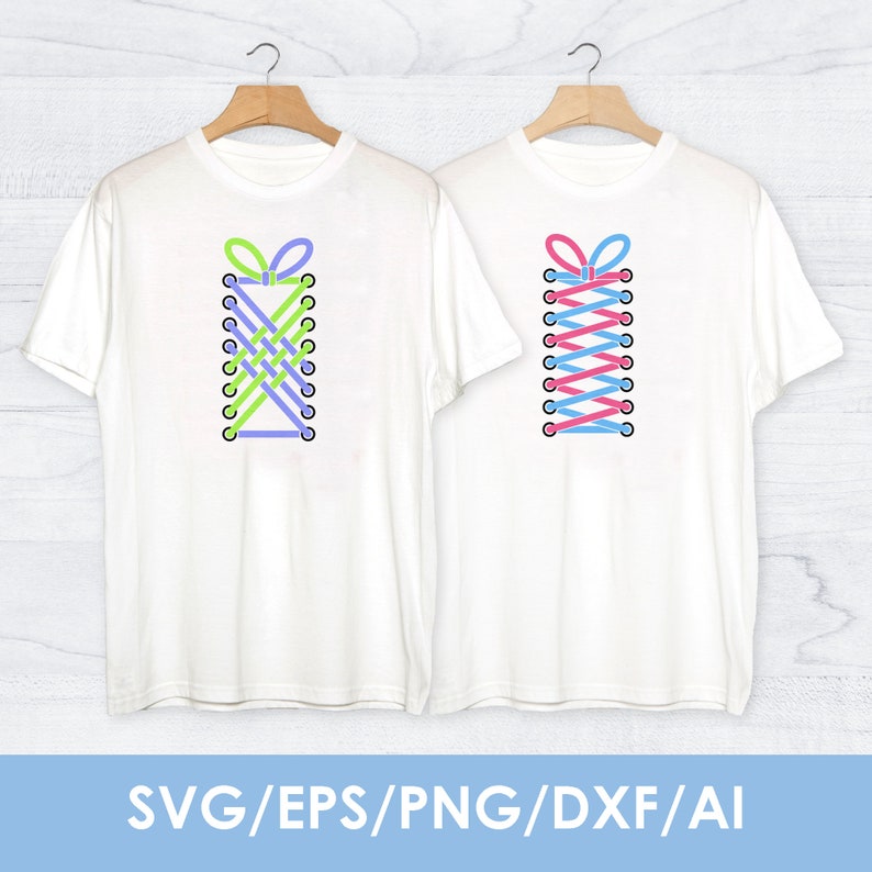 May include: Two white t-shirts with a graphic of shoelaces tied in a bow on each shirt. One shirt has green and purple shoelaces, and the other shirt has pink and blue shoelaces.