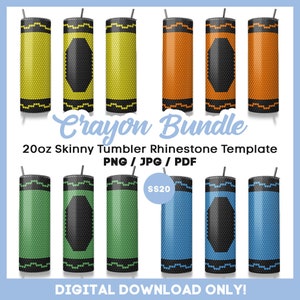 May include: A digital download template for 20 ounce skinny tumblers featuring a crayon design. The template includes 8 different color options, including yellow, orange, green, and blue. The template is perfect for creating custom tumblers for teachers, students, or anyone who loves crayons.