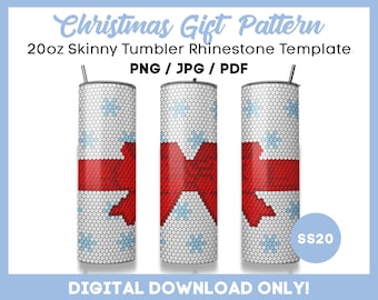 May include: Three 20oz skinny tumblers with a Christmas gift pattern. The design features a red bow on a white background with a honeycomb pattern and light blue snowflake accents. The text "Christmas Gift Pattern" and "DIGITAL DOWNLOAD ONLY!" are visible.