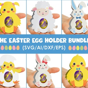 easter egg svg, egg holder design bundle, easter bunny svg, chocolate egg stand, chick, rabbit, sheep, svg files, DIY, printable