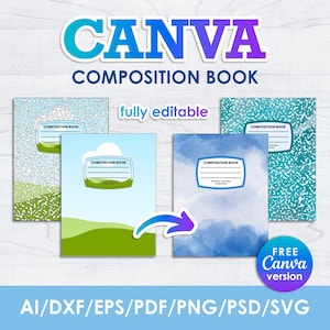 May include: Image of four composition books with various cover designs. The covers display patterns and watercolour effects. The text "CANVA COMPOSITION BOOK" is at the top, with "fully editable" and "FREE Canva version" also visible.