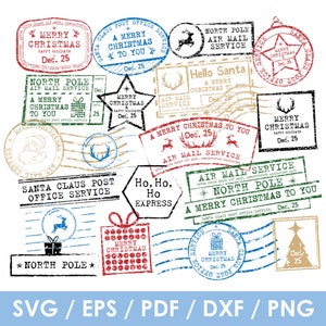 May include: A collection of vintage Christmas-themed stamps in various shapes and colors. Designs include reindeer, Santa Claus, Christmas trees, and text such as "Merry Christmas" and "North Pole". The stamps are in red, green, blue, and black.
