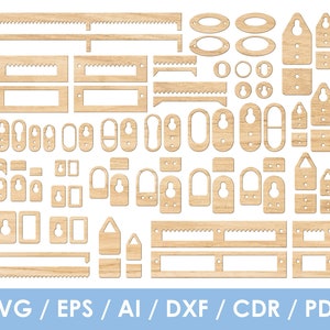 May include: A set of wooden cutouts for crafting projects. The set includes various shapes, such as circles, ovals, rectangles, and triangles. The cutouts are designed for use with a laser cutter or CNC machine.