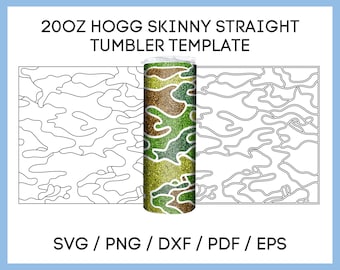 May include: A 20 ounce skinny straight tumbler template with a camouflage pattern. The template is shown with a black outline and a green, brown, and gold camouflage pattern.