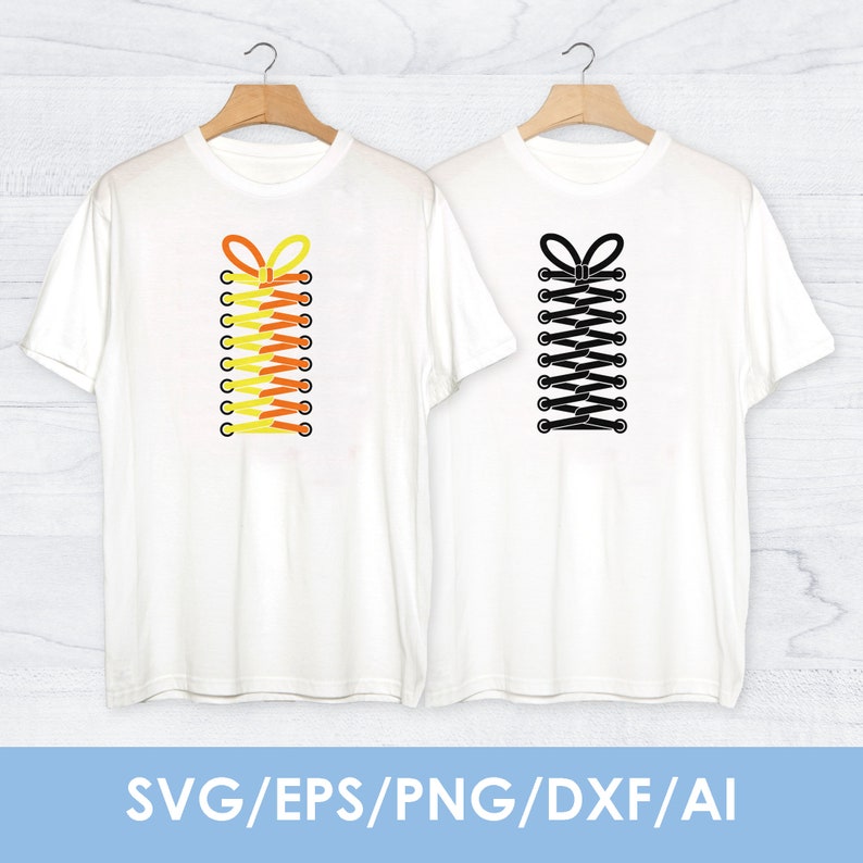 May include: Two white t-shirts with a graphic of shoelaces tied in a bow on the front. One shirt has yellow and orange shoelaces, and the other has black shoelaces.