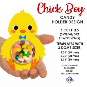 May include: A yellow chick-shaped candy holder with a blue bow tie. The holder has a clear plastic dome for holding candy. The image includes the text "Chick Boy Candy Holder Design" and "6 Cut Files (SVG/AI/DXF EPS/PDF/PNG) Templates with 3 Dome Sizes: 2.36" (60 mm) 2.76" (70 mm) 3.15" (80 mm) For cutting in Silhouette, Cricut and many more!"