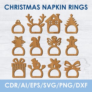May include: Wooden Christmas napkin rings in various festive shapes, including a reindeer, Christmas tree, and snowman. The text "CHRISTMAS NAPKIN RINGS" is at the top. The bottom text reads "CDR/AI/EPS/SVG/PNG/DXF".