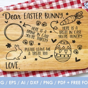 May include: A wooden sign with the text "Dear Easter Bunny" and a space for a drink and a treat. The sign also includes a bunny rabbit, a carrot, an egg, and the text "Love,".