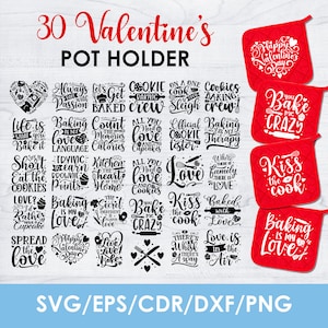 May include: A set of 30 Valentine's Day themed pot holders with various baking-themed sayings in black text on a red background. The sayings include "Bake me crazy", "Kiss the cook", "Love is in the air", and "Baking is my love".