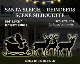 Christmas Scene Template: DIY Christmas Lawn Decor Silhouette (Instant Download), Santa in a sleigh with reindeers, pdf, svg, cdr
