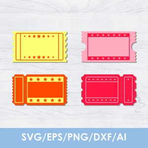 May include: Four colourful ticket designs in yellow, pink, orange, and red. Each ticket has a rectangular shape with a blank space for text. The yellow and orange tickets have star accents, while the pink and red tickets have heart accents. The bottom of the image displays the text "SVG/EPS/PNG/DXF/AI".