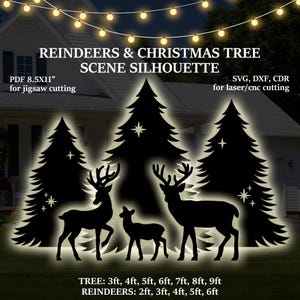 May include: Black silhouette of a Christmas scene with reindeer and trees. The image includes text that reads "REINDEERS & CHRISTMAS TREE SCENE SILHOUETTE" and "PDF 8.5X11" for jigsaw cutting". The trees range from 3ft to 9ft, and the reindeer range from 2ft to 6ft.