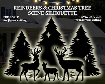 Christmas Tree and Reindeers Scene Template Bundle, DIY Christmas Lawn Decor Silhouette ( Instant Download), trace & cut or laser cut
