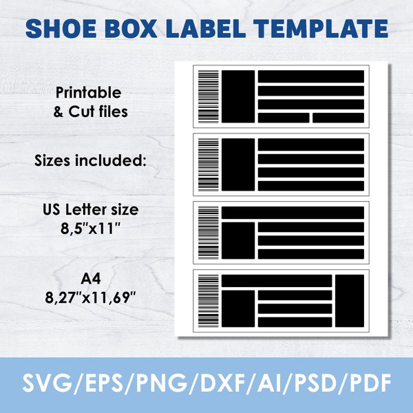 Shoe box label SVG, blank template, editable, label template for shoe box, black & white, cut files, dxf, png, printable, Instant Download