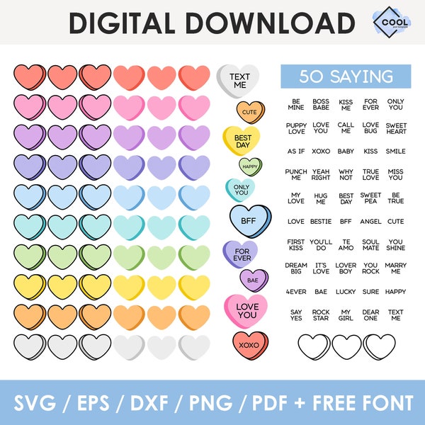 Candy Hearts SVG, custom, candy hearts clipart, BUNDLE, editable, png, Cricut, Silhouette, instant download