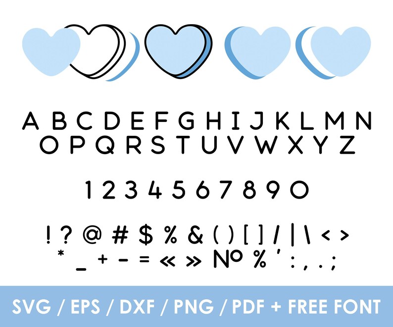 May include: A blue and white heart design with a font set including uppercase letters, numbers, and punctuation marks. The text reads: "SVG/EPS/DXF/PNG/PDF + FREE FONT".
