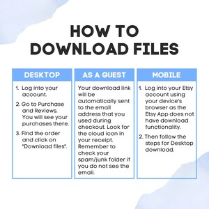 May include: A blue and white infographic with the title "How to Download Files" and instructions for downloading files on a desktop, as a guest, and on a mobile device.