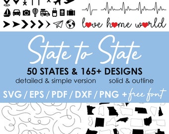 Op de afbeelding: Een digitaal designproduct met contouren van alle 50 Amerikaanse staten in zowel gedetailleerde als eenvoudige versies. Het ontwerp is beschikbaar in de formaten SVG, EPS, PDF, DXF en PNG en bevat een gratis lettertype. De tekst "State to State" is geschreven in een cursief lettertype. De tekst "50 STATES & 165+ DESIGNS" is geschreven in een vet lettertype. De tekst "detailed & simple version" is geschreven in een normaal lettertype. De tekst "solid & outline" is geschreven in een normaal lettertype. De tekst "SVG/EPS/PDF/DXF/PNG + free font" is geschreven in een normaal lettertype.