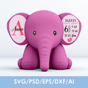 Editable, Elephant Ears Birth stats svg template, Boy & Girl, for plush toy, personalised, DIY, Cricut, Silhouette, Instant Download